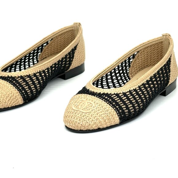 CHANEL 25P CC Raffia Crochet Woven Two Tone Cap Toe Ballerina Ballet Flat Shoes - Picture 11 of 15
